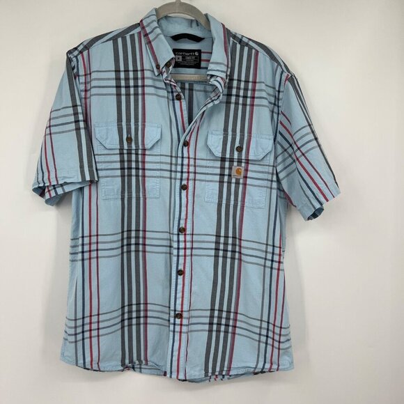 Carhartt Men's 105175 Loose Fit Midweight Short Sleeve Plaid Shirt Powder Blue s - Picture 1 of 9